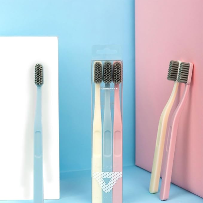9 Pcs Hard Hair Nylon Toothbrushes for Adults Teeth Cleaning Tool with Curved Handle Multi-Color Pink Sky-Blue Beige Packaged