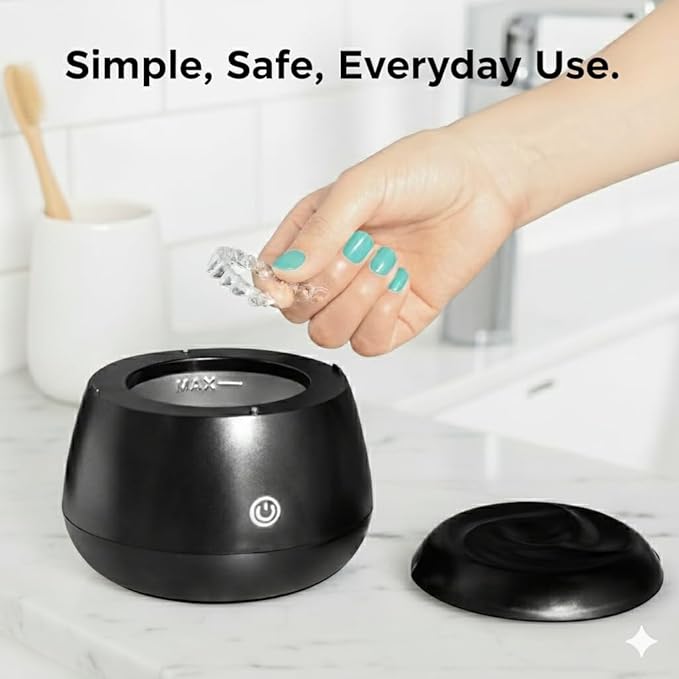 FIONA JAMES 48kHz Ultrasonic Retainer Cleaner with UV | Professional Sonic Dental Cleaning Pod for Aligner, Night Guard, Denture & Jewelry | Black