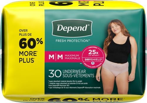 Depend Fresh Protection Adult Incontinence Underwear for Women (Formerly Depend Fit-Flex), Disposable, Maximum, Medium, Blush, 30 Count, Packaging May Vary (Pack of 2)