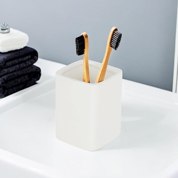 Ceramic Square Toothbrush Cup – Durable & Colorfast Toothbrush Holder for Bathroom, Hotel & Office Desk Storage – Modern Bathroom Countertop Holder for Toothpaste, Razors & Daily Essentials