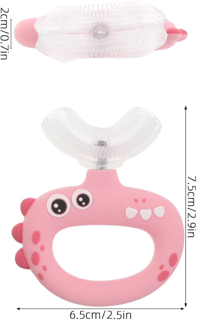 U Shaped Kids Toothbrush for Oral Care - 360° Rotating Silicone Head - Manual Self Brushing Toothbrush - Dinosaur Fun Brush for Ages 0-3 Kids Pink