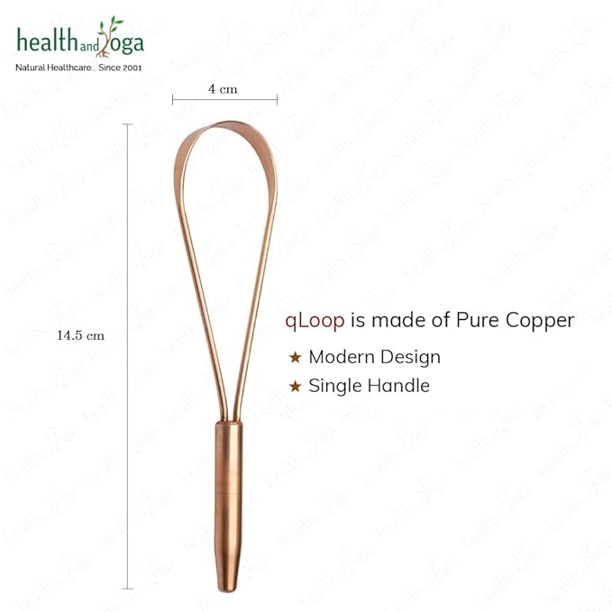 HealthAndYoga™ qLoop Copper Tongue Cleaner - Easy One Hand Use - Larger Surface Coverage - Ayurvedic Copper Health for Fresh Breath and Total Oral Hygiene (Set of 2)