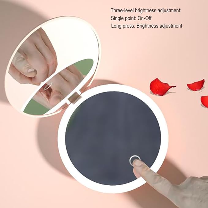 LED Illuminated Travel Makeup Mirror,Portable Folding Mirror,Mini Travel Mirror,Hand Mirror,1X/2X Magnifying Glass,Touch Adjustable Screen(Pink,3.5Inch)