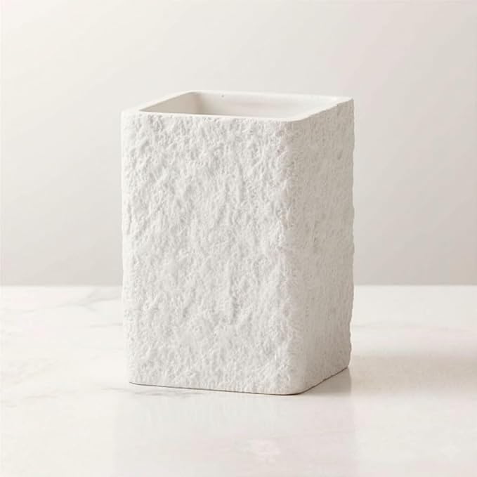 White Stone-Look Toothbrush Holder for Bathroom, Natural Rough Stone Textured, Unbreakable Heavy Bathroom Cup, Vanity Countertop Organizer for Makeup Brushes