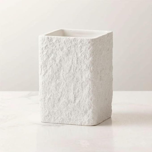 White Stone-Look Toothbrush Holder for Bathroom, Natural Rough Stone Textured, Unbreakable Heavy Bathroom Cup, Vanity Countertop Organizer for Makeup Brushes