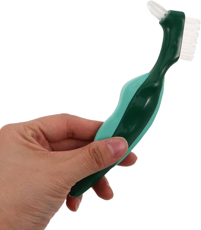 OUNONA Dual Head Denture Toothbrush for False Teeth Hard Bristle Oral Appliance Cleaner with Non-Slip Comfortable Grip 2-Pack Travel-Friendly Dentures Cleaning Brush for Seniors
