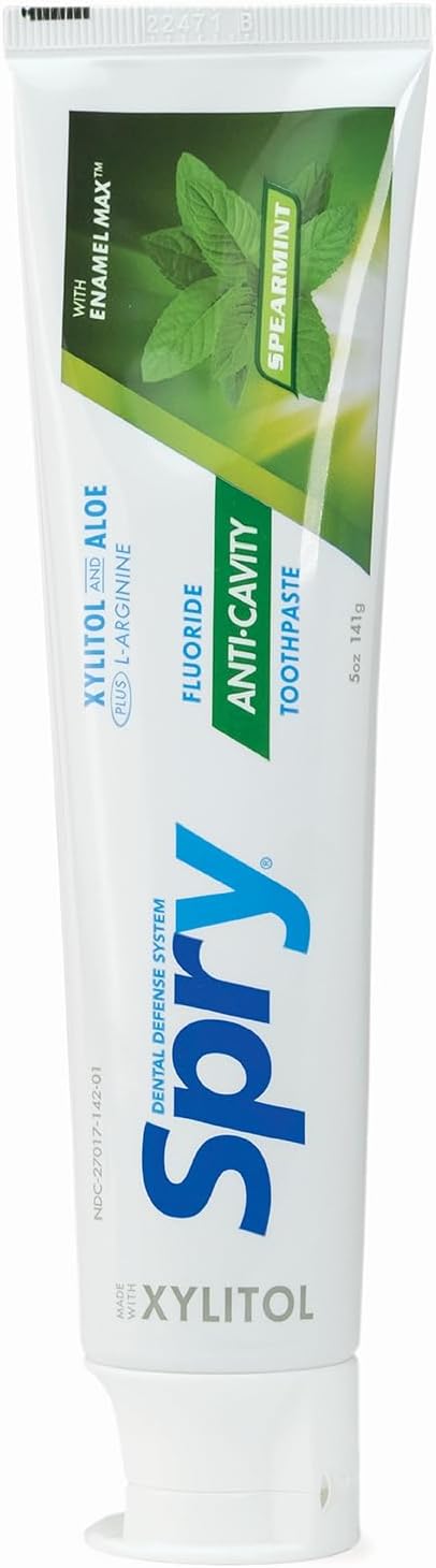 Spry Natural Xylitol Toothpaste 5oz for Adults and Kids with Fluoride, Gentle for Sensitive Teeth Whitening and Remineralizing, Breath Freshening, Mouth Moisturizing, Spearmint (Pack of 1)