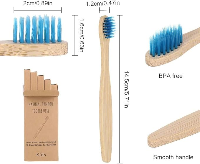 Bamboo Toothbrush with Soft Charcoal Bristles 10 Pack, Natural Wood Toothbrushes Round Handle with Colored Standing Bottom Recyclable, Eco-Friendly, Tooth Brush Set Multipack (Multicolor - Kids)