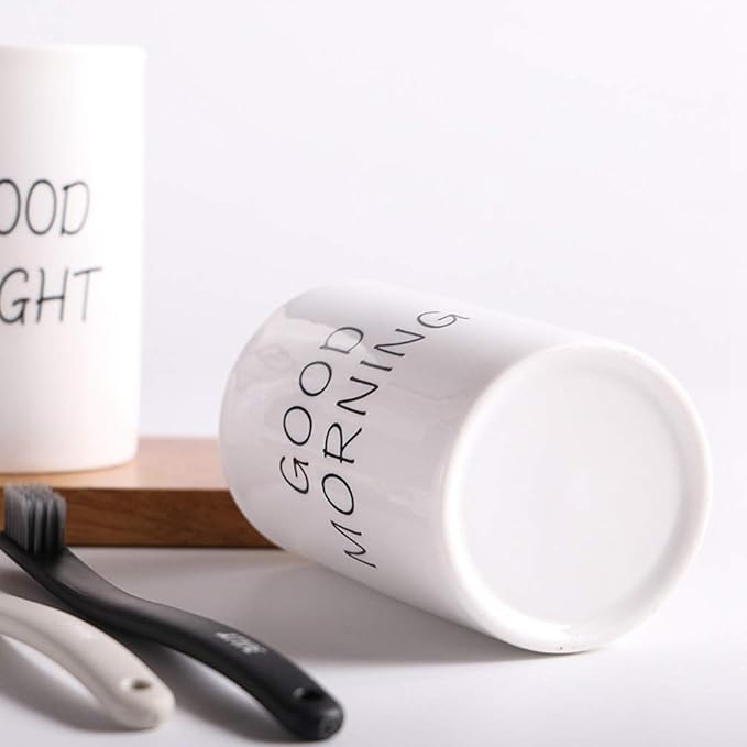 Kelake White Ceramic Tumbler for Bathroom Toothbrush, Water, Milk, Drinks - 280 ml Good Morning Cup for Couples - Christmas Birthday