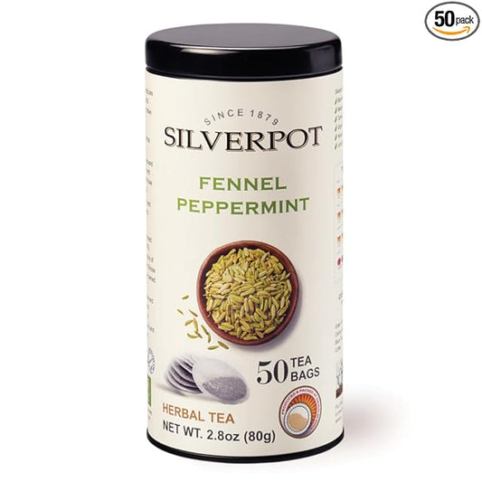 Silverpot Fennel & Peppermint - 50 Round Tea Bags | Naturally Caffeine Free | Fennel Seeds, Cooling Mint | Reusable Tin