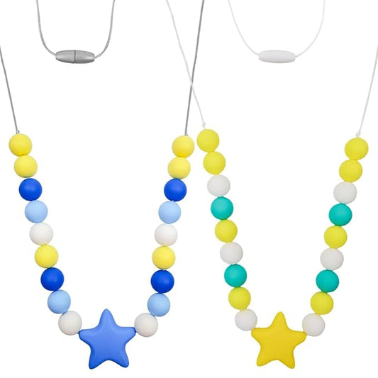 Stars Sensory Chew Necklace for Kids and Adults, Oral Chew Toys for Boys and Girls with Autism/ADHD/SPD, Silicone Fidget Teething Necklace for Children - Reduces Anxiety and Stress（2Pcs