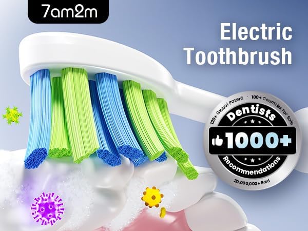 7AM2M Ultrasonic Electric Toothbrush with 6 Brush Heads for Adults&Kids, Type C Charging, One Charge for 120 Days, 5 Modes&40000VPM Powered Toothbrush, 6 Minutes Built in Smart Timer (Navy Blue)