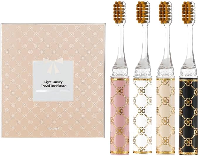 CMHX Foldable Travel Toothbrush Set,Compact Head,Mini Toothbrush with Toothbrush Case,Soft Bristled Travel Toothbrushes for Adults (Printed Handle 4PCS)
