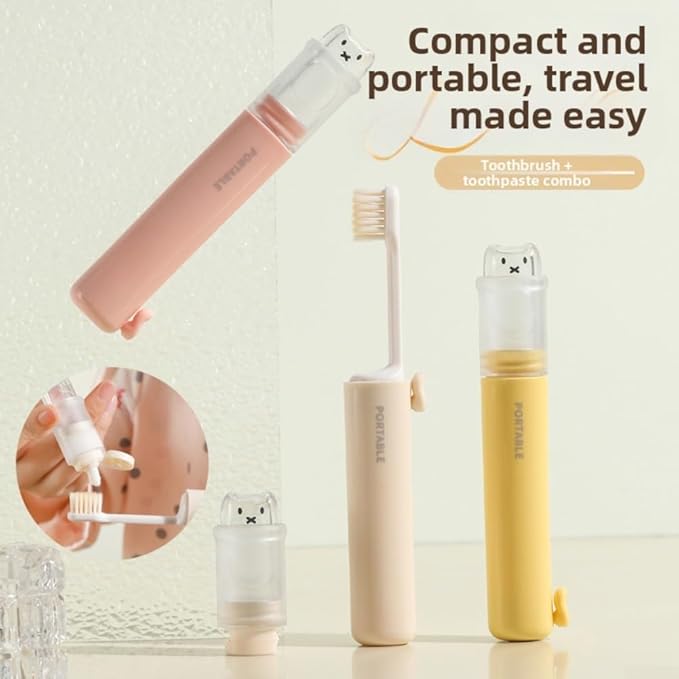Portable 2-in-1 Travel Toothbrush Set with Compact PP Case and Soft Bristles for Gentle Cleaning, Integrated Toothpaste Storage Holder for On-the-Go Dental Care(Pink)