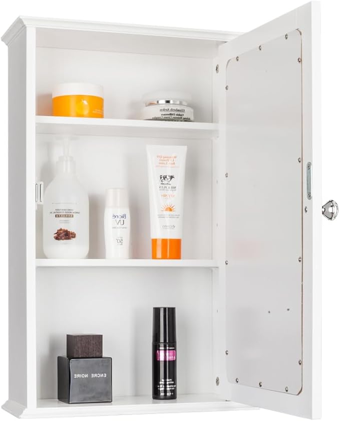 Bonnlo Bathroom Cabinet Wall Mount Mirrored Medicine Cabinet Storage Organizer with Single Door and 2 Adjustable Shelves White