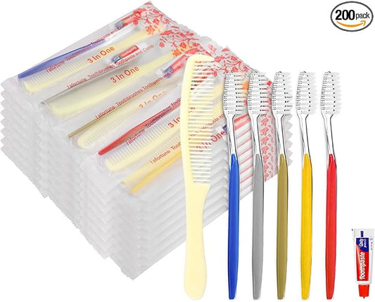 Disposable Toothbrushes with Toothpaste and Comb for Homeless Individually Wrapped-Suitable for Hotel,Air Bnb,Shelter/Homeless/Nursing Home/Charity (200PCS)
