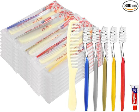 Disposable Toothbrushes with Toothpaste and Comb for Homeless Individually Wrapped-Suitable for Hotel,Air Bnb,Shelter/Homeless/Nursing Home/Charity (300)