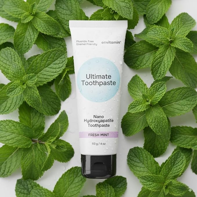 envitamin Fluoride Free Nano Hydroxyapatite Ultimate Toothpaste for Remineralizing Enamel & Sensitive Relief, Whitening, Antiplaque, SLS Free, Fresh Mint, 4 oz (3 Tubes, Fresh Mint)