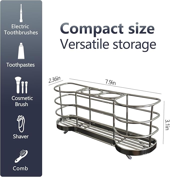 Wall Mount Toothbrush Holder for Shower Stainless Steel Toothbrush Stand, Self-Adhesive Wallmount/Countertop 4 Slots Bathroom Accessories Organizer (Silver)