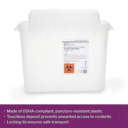 McKesson Prevent Sharps Container for Home Use, 5.4 Quart - for Biohazard Infectious Waste, Needle and Syringe Disposal - Translucent, Touchless Lid - White, 20 Count