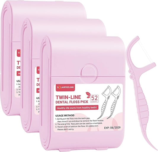 Travel Dental Floss Picks, 3 Cases with 156 Count Mint Flavor Twin-Line Dental Flosser, Portable Floss Case, Portable Floss Dispenser, Travel Floss Sticks for Adults (Pink)