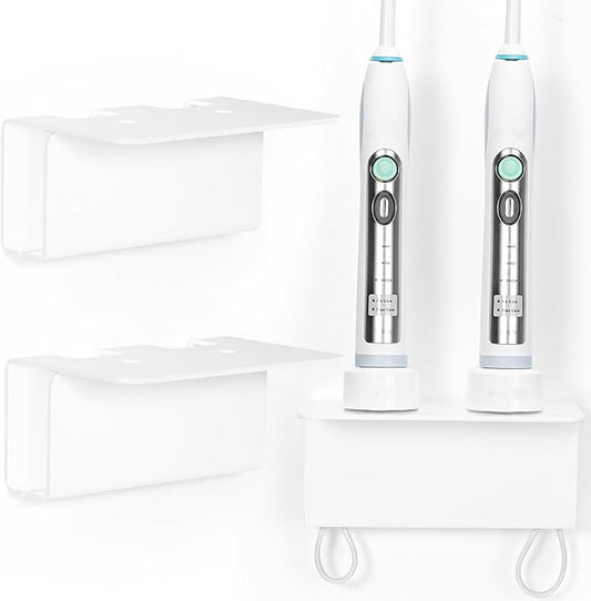 Acrylic Electric Toothbrush Holder for Bathroom, Wall Mounted Electric Toothbrush Holder with Hidden Cable Management, Space-Saving and Convenient for Charging -White-2P