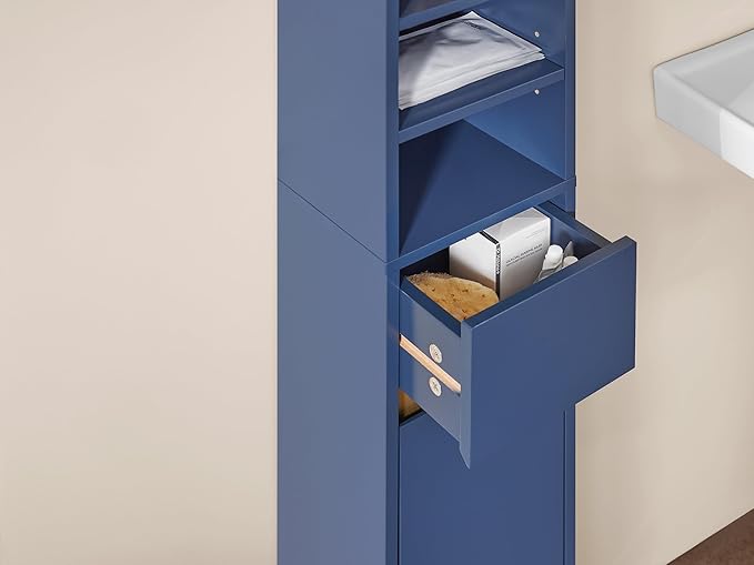 SoBuy Bathroom Narrow Storage Cabinet Skinny Tall Unit with Adjustable Shelves Slender Anti-Tipping Floor Standing Cupboard, Blue BZR34-B