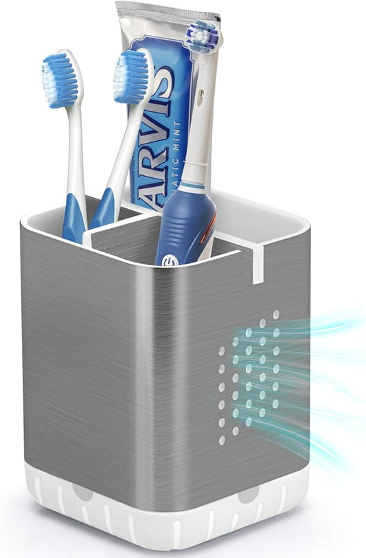 Boperzi Toothbrush Holder Toothpaste Organizer Drainage for Bathroom Vanity, Detachable Anti-Slip Brushed Nickel Toothpaste Storage Caddy 3 Slots with Drainage Holes for Makeup Brush Razor Stand