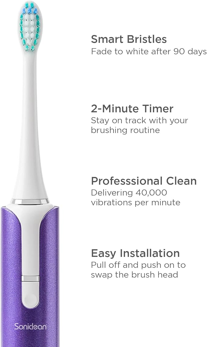 Soniclean Lux Sonic Toothbrush for Adults with 6 Toothbrush Heads, Rechargeable, Automatic, Purple