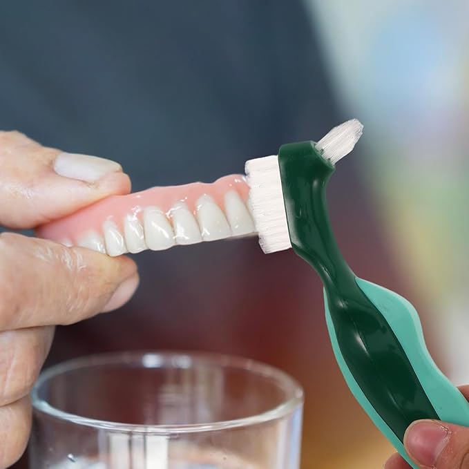OUNONA Dual Head Denture Toothbrush for False Teeth Hard Bristle Oral Appliance Cleaner with Non-Slip Comfortable Grip 2-Pack Travel-Friendly Dentures Cleaning Brush for Seniors