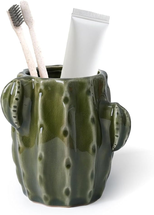 Cactus Toothbrush Holder for Bathrooms，Ceramic Toothpaste Holder Cute Toothbrush Holder Set,for Bathroom Counter and Desk Office Fun Decor Desk Organizer, Makeup Brush Holder - Dark Green