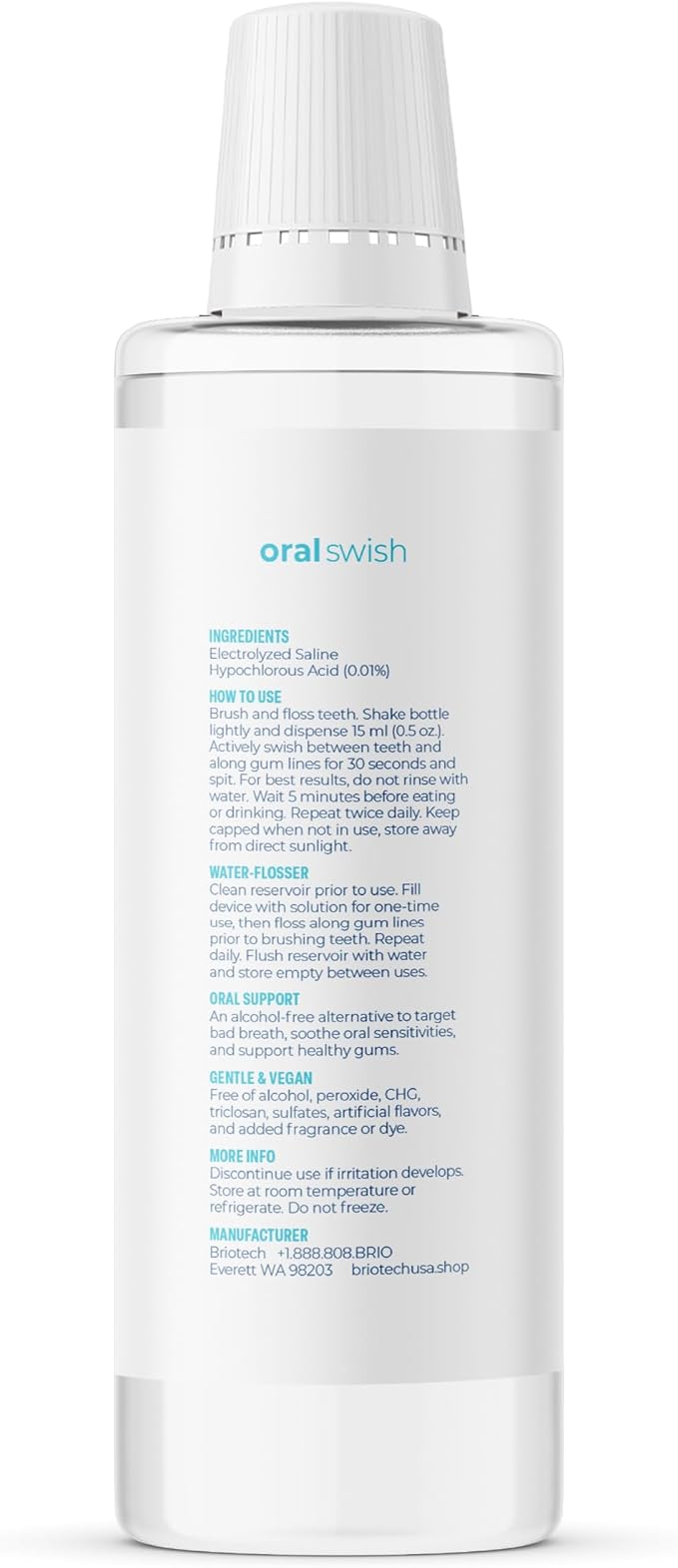 BRIOTECH Oral Swish, Hypochlorous Acid Mouthwash Rinse, Gentle Oral Care Hygiene, Fight Bad Breath, Support Against Plaque, Gum Irritation & Tender Gums, Alcohol & Fluoride Free, 17 fl oz (4 Pack)
