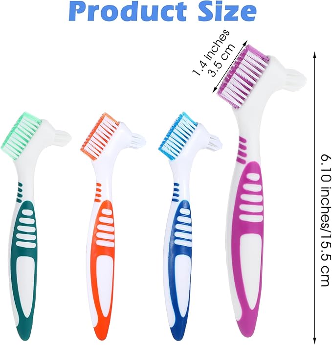 Denture Brush, 4 Pcs Dual Angled Denture Toothbrushes with Black Carrying Case, Portable False Teeth Care Cleaning Brush with Multi-Layered Soft Bristles (Purple, Green, Blue, Orange)