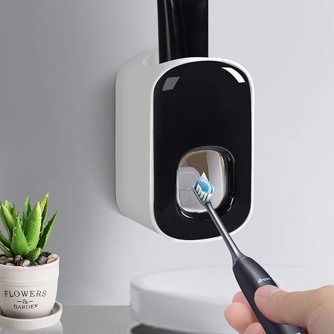 Toothpaste Dispenser,Automatic Toothpaste Squeezer Fit for Kids and Adults,Hands Free Wall Mounted Toothpaste Holder With Self-stick Sticker,Punch-Free Toothpaste Squeezer For Famliy Bathroom(Black)