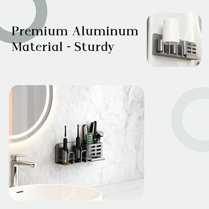 Aluminum Wall Mounted Bathroom Organizer (Black) - Self-Adhesive Toothbrush Holder for Toothpaste, Cups, Combs & Dental Supplies