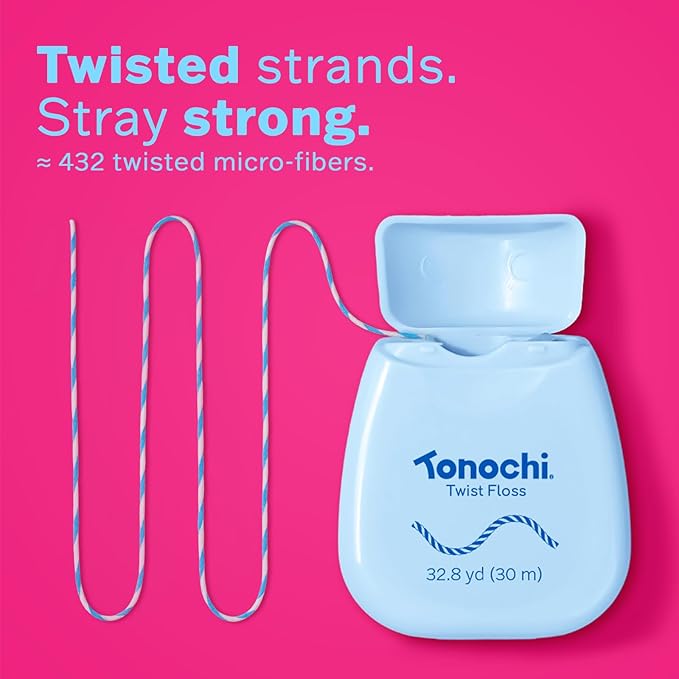 Twist Woven Dental Floss, Two-Tone Color Fibers for Visible Plaque Tracking, Shred-Resistant Braided Texture, Smooth Ribbon-Like Glide, Gentle on Gums, Mint + Xylitol, 3-Pack (33 yd Each)
