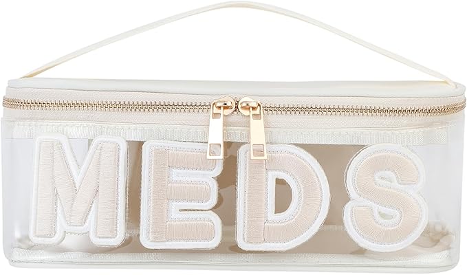 Clear PVC Letter Patch MEDS RX Makeup Bag with Metal Zipper,Large Capacity Nylon Transparent Medicine Bag with Top Handle,First Aid Travel Organizer Cosmetic Bag(01 Beige MEDS)