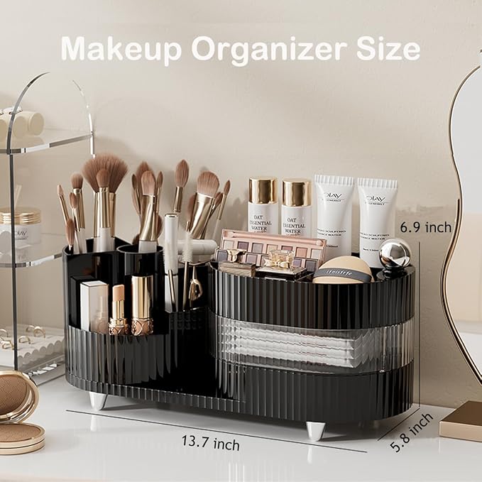 Makeup Organizer Countertop 360°Rotating Makeup Organizer for Vanity - Cosmetic Storage Holder with Makeup Brush Holder and Jewelry Storage (3 Tiers, Black)