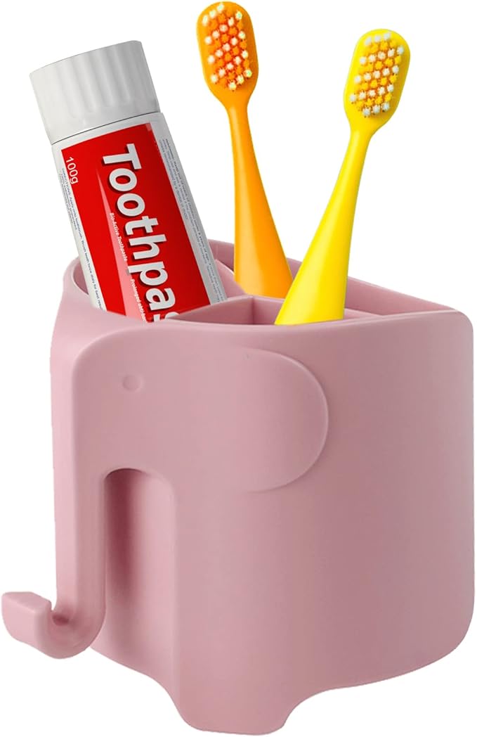 RyanLemon Elephant Toothbrush Holder for Toddler, Suction Cup Cute Toothbrush Holder for Kids, for Bathroom, with 3 Slots and 1 Hook, Pink