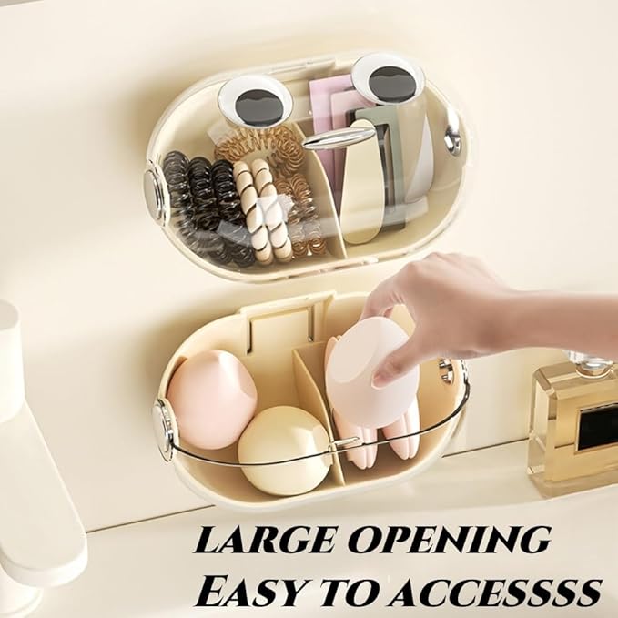 Wall-Mounted Makeup Sponge Holder Beauty Blender Holder Small Hair Accessories Organizer Drying Storage Box for Bathroom Countertop with Cute Big Eyes and Lid, 2 Compartments(1 PC,whiter)