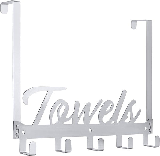 Over The Door Hooks, Towel Hook Towel Holder Over Door Towel Hanger Door Hanger with 5 Coat Hooks Towel Rack for Bathroom Bedroom Kitchen, Chrome