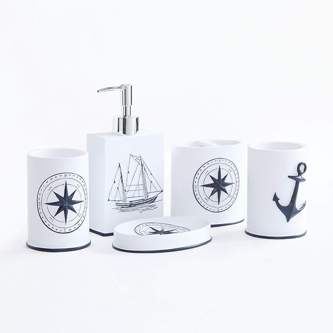 Bathroom Accessories Set 5 Pcs - Soap Dispenser, Toothbrush Holder, Bathroom Tumbler, Soap Dish, Beach Nautical Bathroom Decor - White/Blue