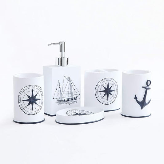 Bathroom Accessories Set 5 Pcs - Soap Dispenser, Toothbrush Holder, Bathroom Tumbler, Soap Dish, Beach Nautical Bathroom Decor - White/Blue