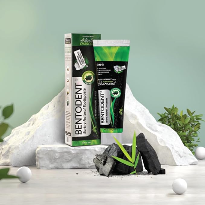 BENTODENT Teeth Whitening Bentonite Clay & Charcoal Toothpaste - Natural Teeth Whitening Charcoal toothpaste, No SLS & Fluoride free Charcoal toothpaste, Vegan (Activated Charcoal Mint Combo)