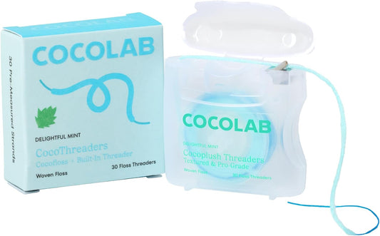 Cocofloss CocoPlush Threaders, Dental Floss for Implants, Bridges, and Braces, Mint, Waxed, Dentist-Designed Oral Care with Coconut Oil, 30 Per Pack