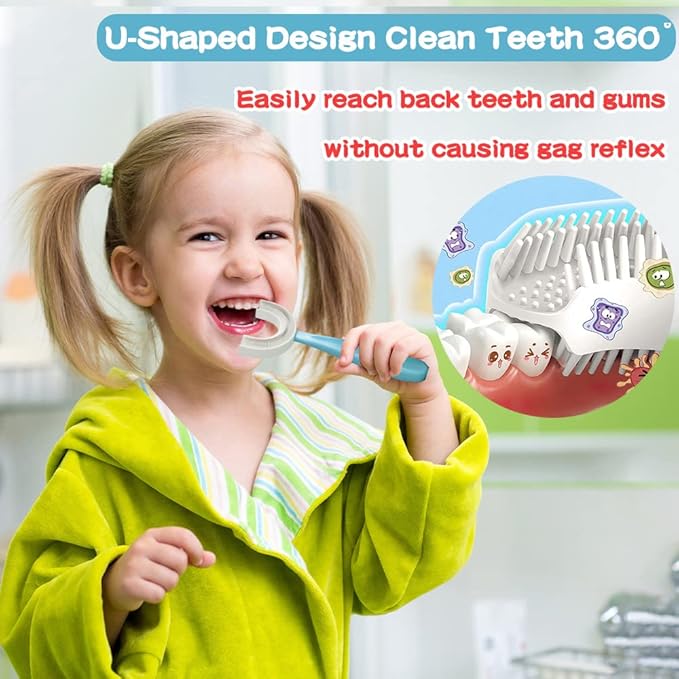 YOTEE U-Shaped Toothbrush Kids 2 PCS - Toddler Toothbrush with Food Grade Soft Silicone Brush Head, Manual Whole Mouth Tooth Brush for Kids Age 6-12(Blue+Pink)