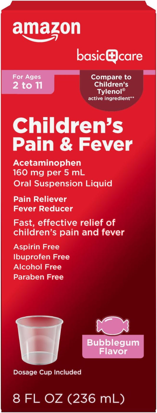 Amazon Basic Care Children's Pain and Fever Oral Suspension Liquid, Acetaminophen 160 mg per 5 mL, Bubblegum Flavor, 8 fl oz