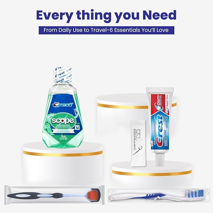Trektote Travel Toothbrush and Toothpaste Set - (5 Pack) 6 Piece Dental Care Kit, TSA Compliant, Includes Toothpaste, Toothbrush, Mouthwash, Flosses and Premium Toiletry Bag