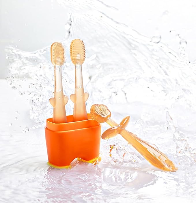 FOKiiBO Baby Silicone Toothbrush Set, Tongue Brush + Finger Toothbrush with Cup for Training Teething, 0-18M Infant Toddler Newborn Baby Teeth Brushes
