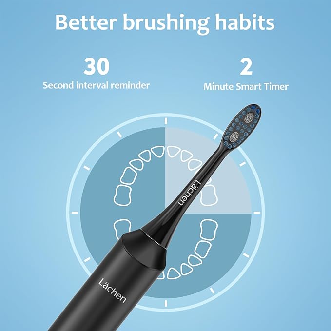 Lächen Electric Toothbrush for Adults – Sonic Rechargeable, 5 Modes & Smart Timer, Travel Case & Wireless Charging, 4 Brush Heads, IPX7 Waterproof (Black)